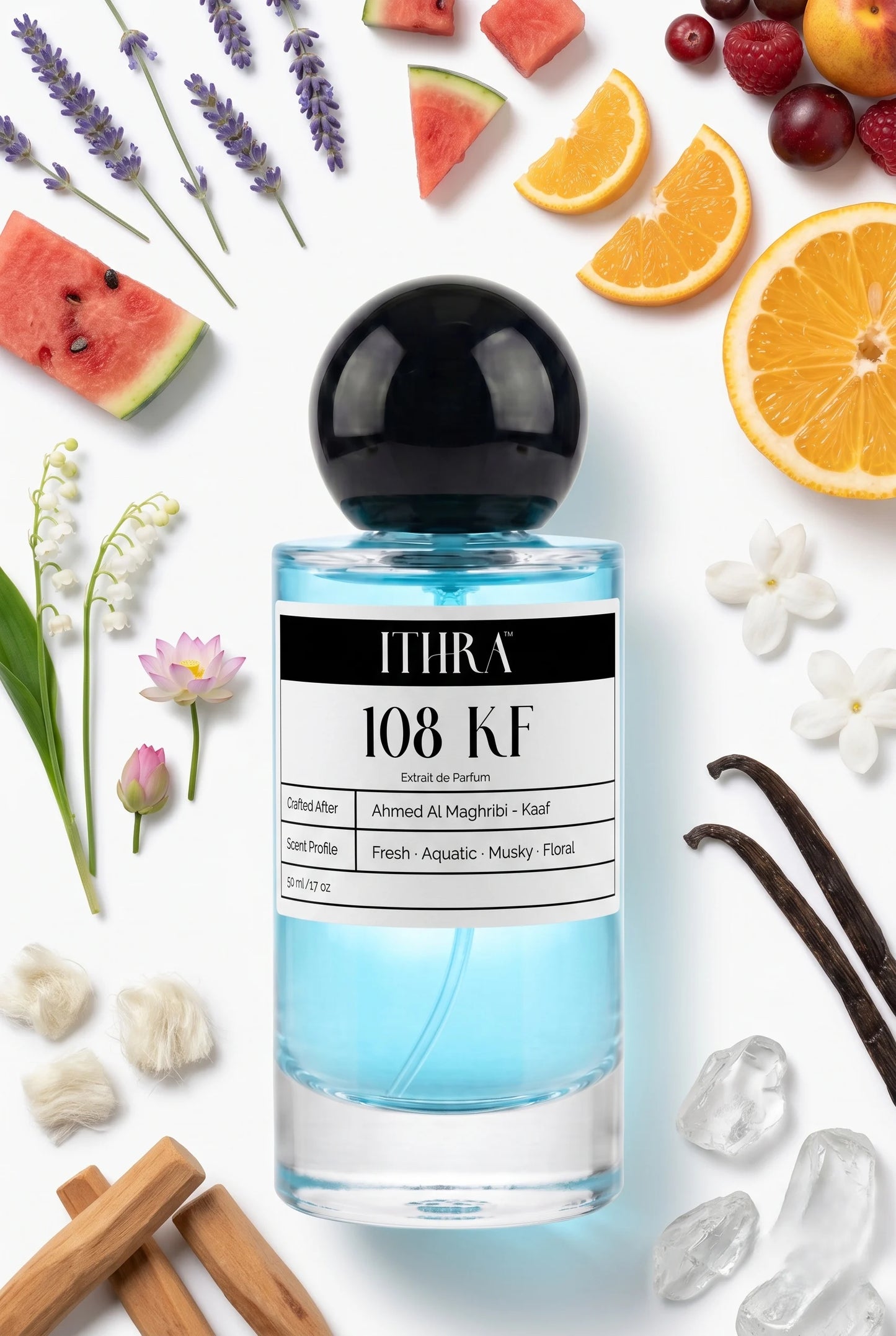 108 KF perfume bottle styled with watermelon, lotus, jasmine and white musk fragrance ingredients, serene, clean, fresh and radiant notes.