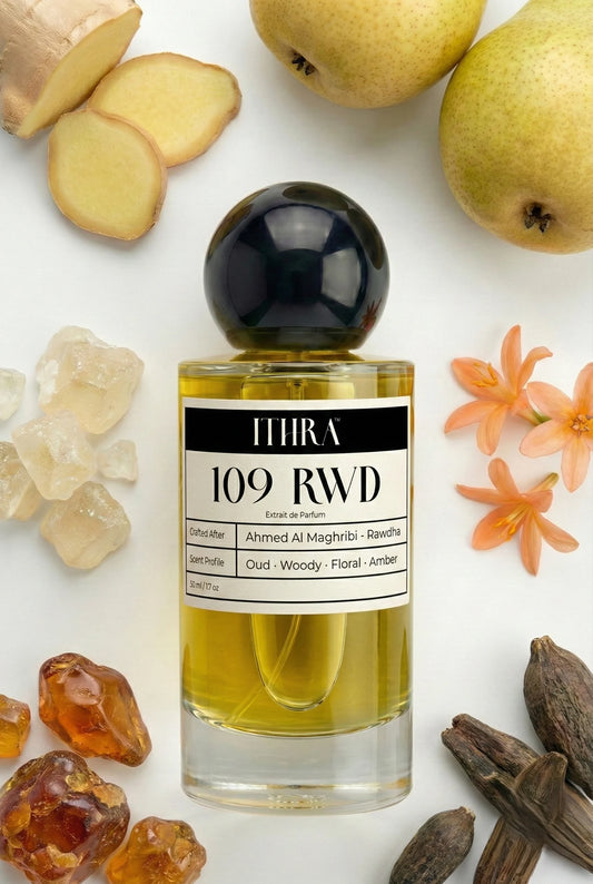 109 RWD perfume bottle styled with saffron agarwood rose vetiver amber musk fragrance ingredients, grounding, deep and sensual notes 
