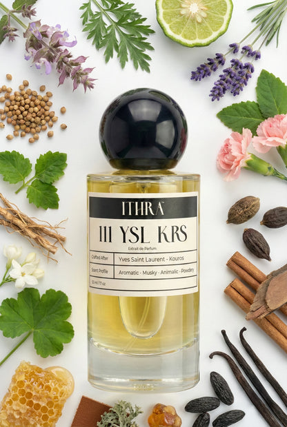 111 KRS perfume bottle styled with carnation vetiver patchouli leather civet honey musk amber fragrance ingredients, intense, earthy and refined notes