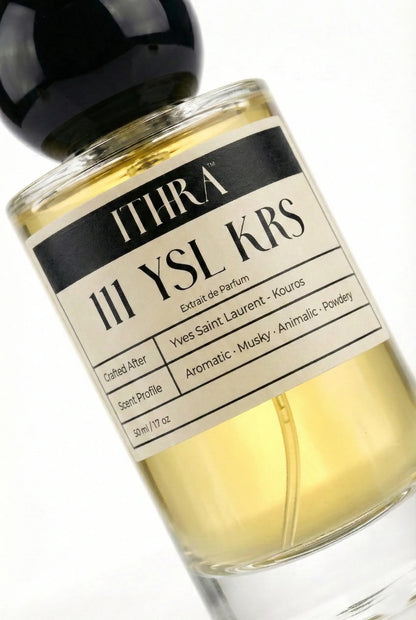 Close-up of 111 KRS perfume label by Ithra, fougère powdery animalic leather aromatic musky men's perfume, available in 50ml and 100ml