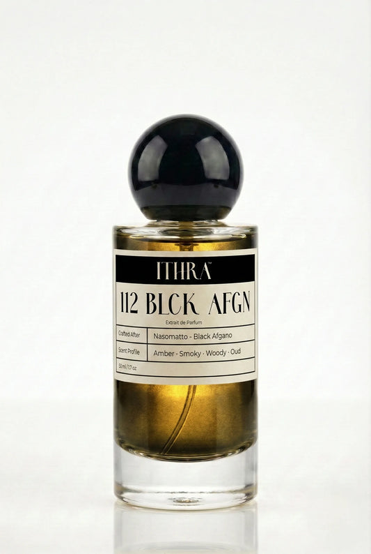 112 BLCK AFGN dark smoky woody oud unisex perfume by Ithra, intense and enigmatic