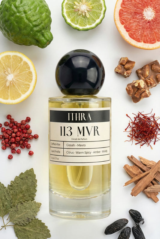 113 MVR perfume bottle styled with bergamot lemon grapefruit pink pepper praline saffron cedarwood patchouli tonka fragrance ingredients, bright, rich, deep and sensual notes