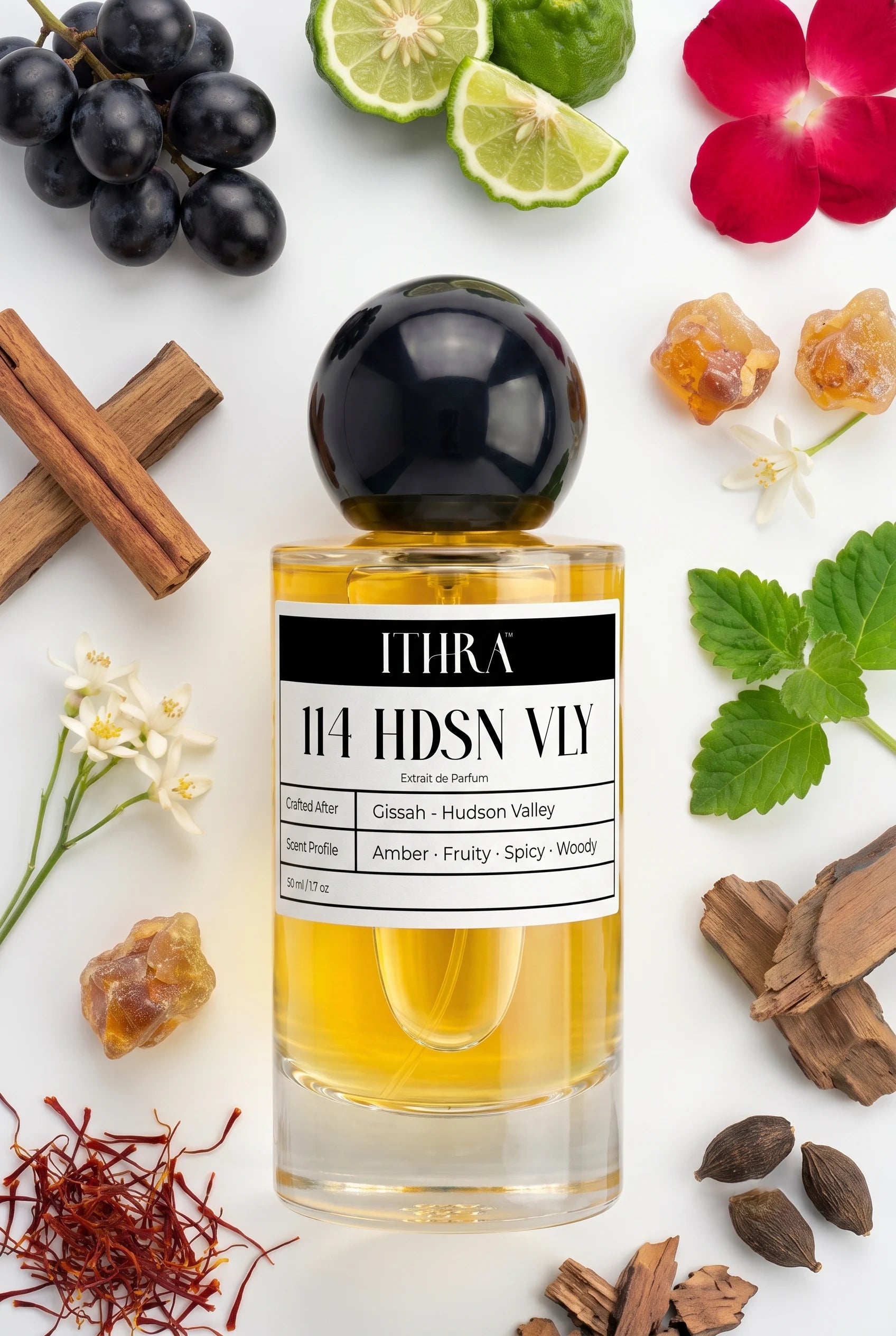 114 HDSN VLY perfume bottle styled with black grape, bergamot, patchouli and amber fragrance ingredients, vivid, resinous, deep and sensual notes