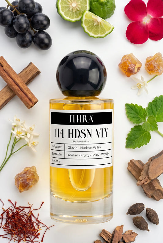 114 HDSN VLY perfume bottle styled with black grape, bergamot, patchouli and amber fragrance ingredients, vivid, resinous, deep and sensual notes