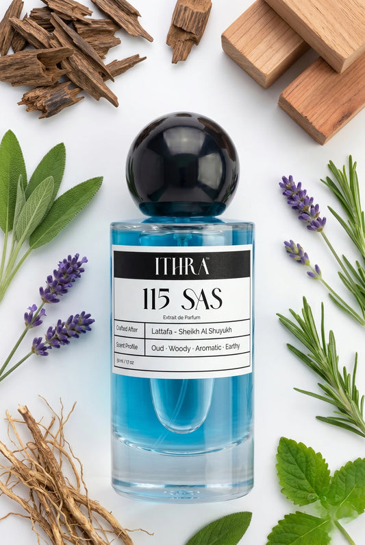 115 SAS perfume bottle styled with agarwood, cedar, lavender and vetiver fragrance ingredients, smoky, grounding, earthy and refined notes