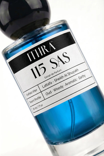Close-up of 115 SAS perfume by Ithra Perfumes, oud woody aromatic earthy, available in 50ml and 100ml