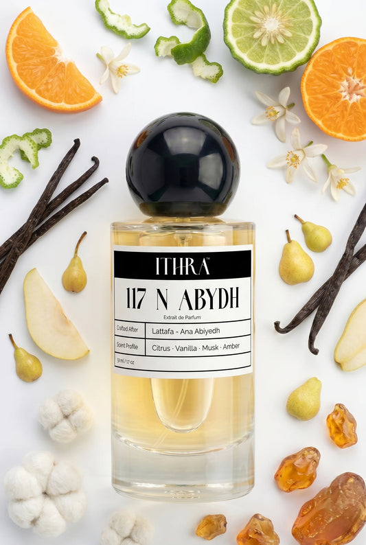 117 N ABYDH perfume bottle styled with bergamot, vanilla, pear and musk fragrance ingredients, clean, creamy, soft and alluring notes.