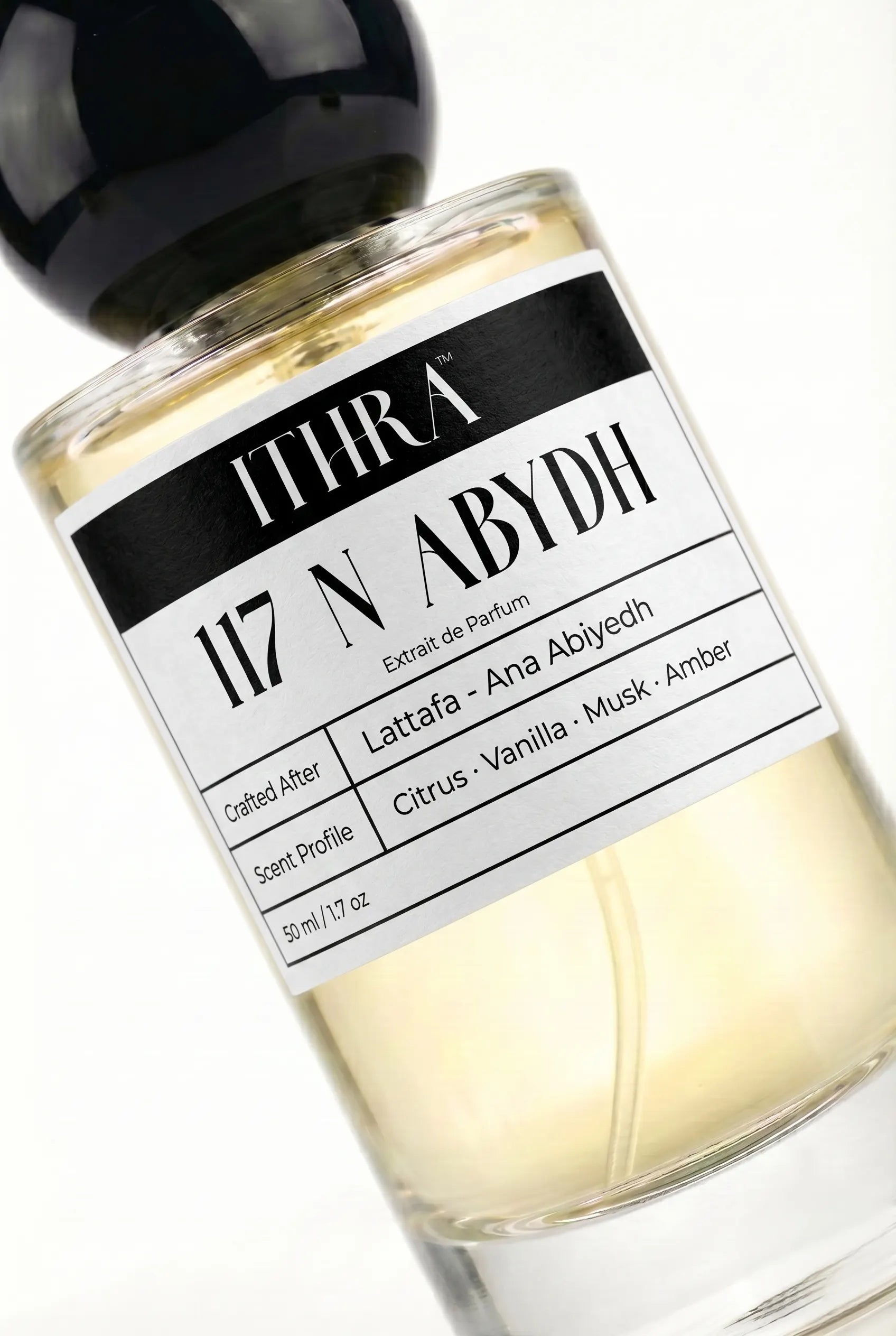 Close-up of 117 N ABYDH perfume by Ithra Perfumes, citrus vanilla musky amber, available in 50ml and 100ml