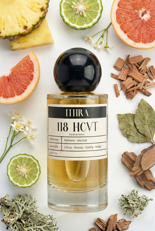 118 HCVT perfume bottle styled with pineapple grapefruit bergamot cedar patchouli jasmine oakmoss fragrance ingredients, crisp, grounding, fresh and radiant notes
