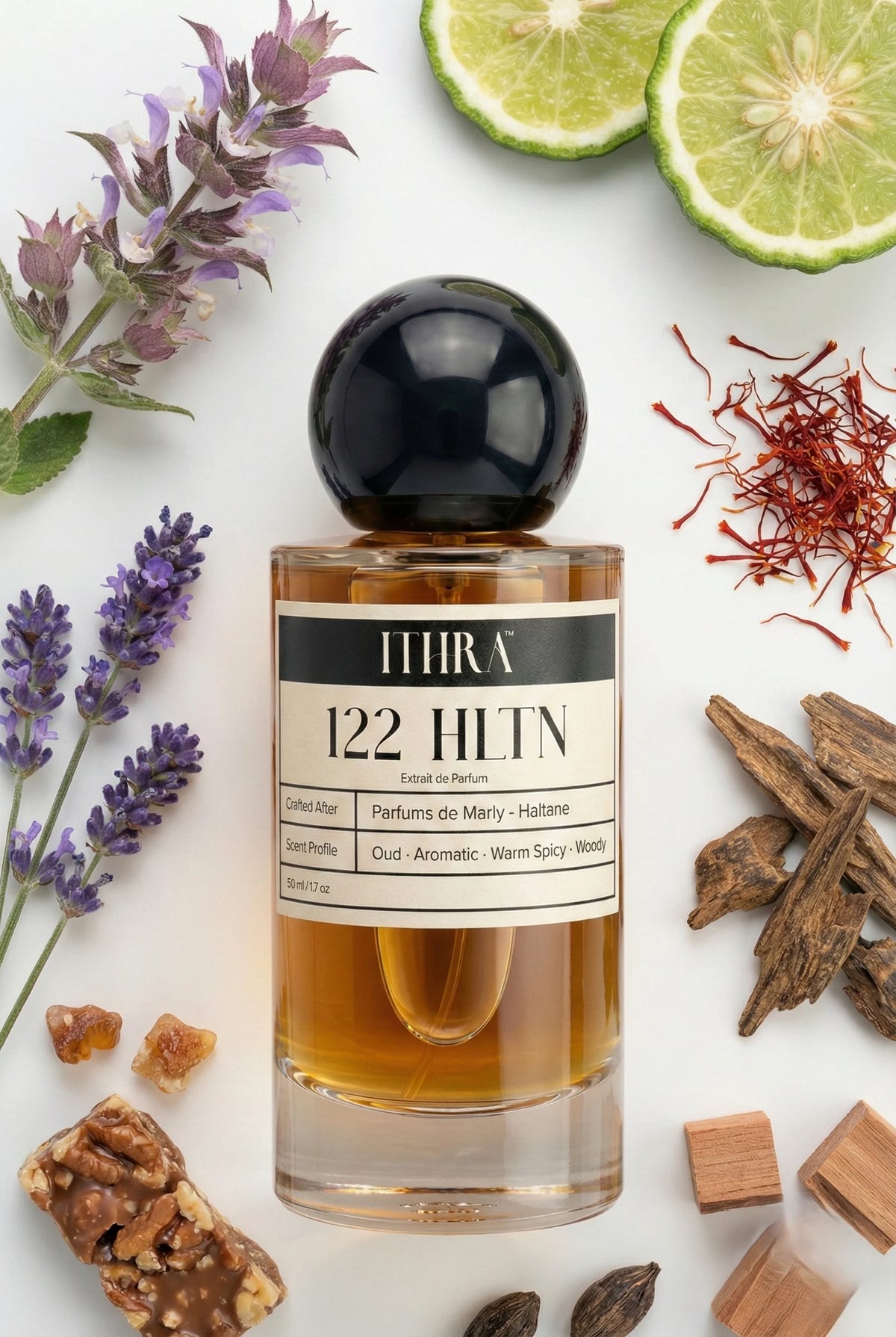 122 HLTN perfume bottle styled with lavender bergamot saffron praline agarwood cedar fragrance note ingredients, smooth, earthy and refined