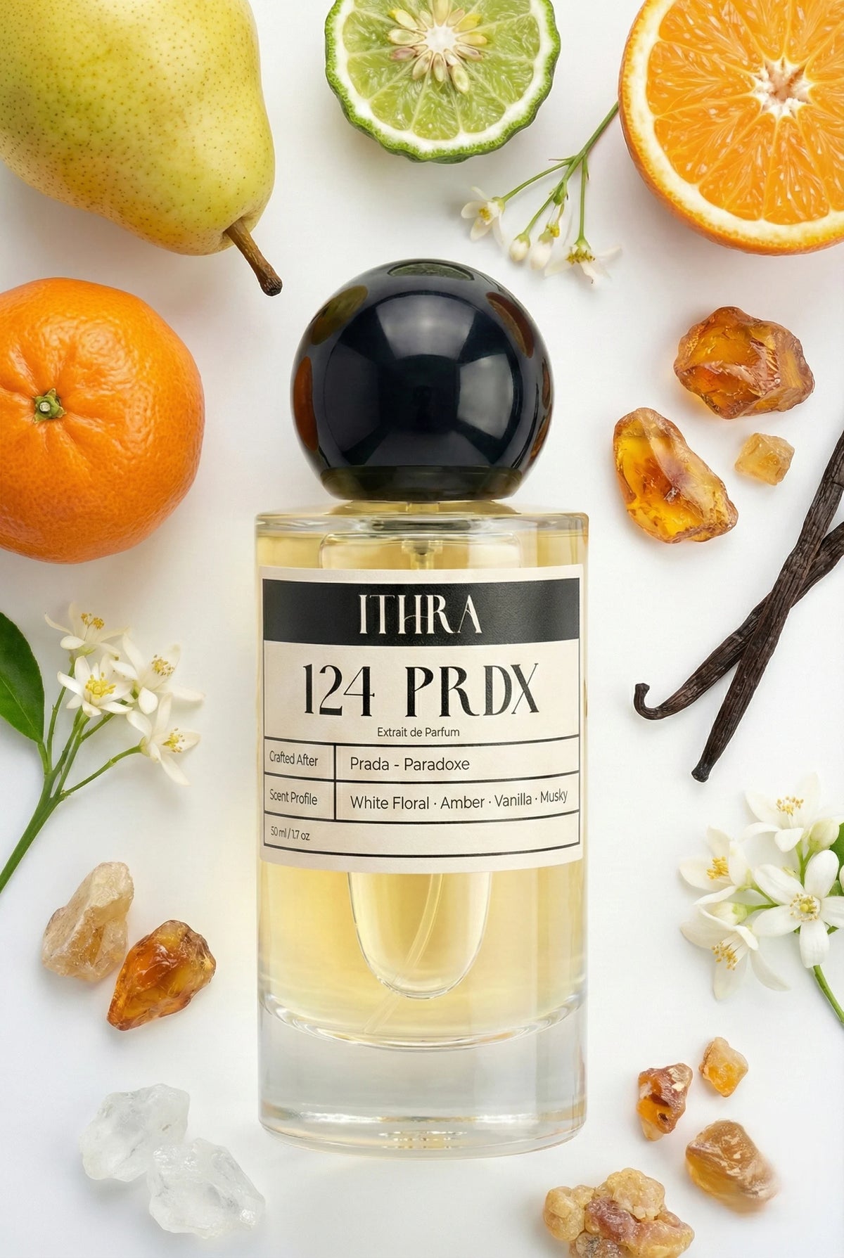 124 PRDX perfume bottle styled with pear bergamot neroli orange blossom jasmine sambac bourbon vanilla amber benzoin fragrance ingredients, radiant, soft and alluring notes