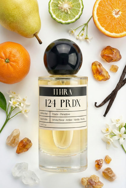 124 PRDX perfume bottle styled with pear bergamot neroli orange blossom jasmine sambac bourbon vanilla amber benzoin fragrance ingredients, radiant, soft and alluring notes