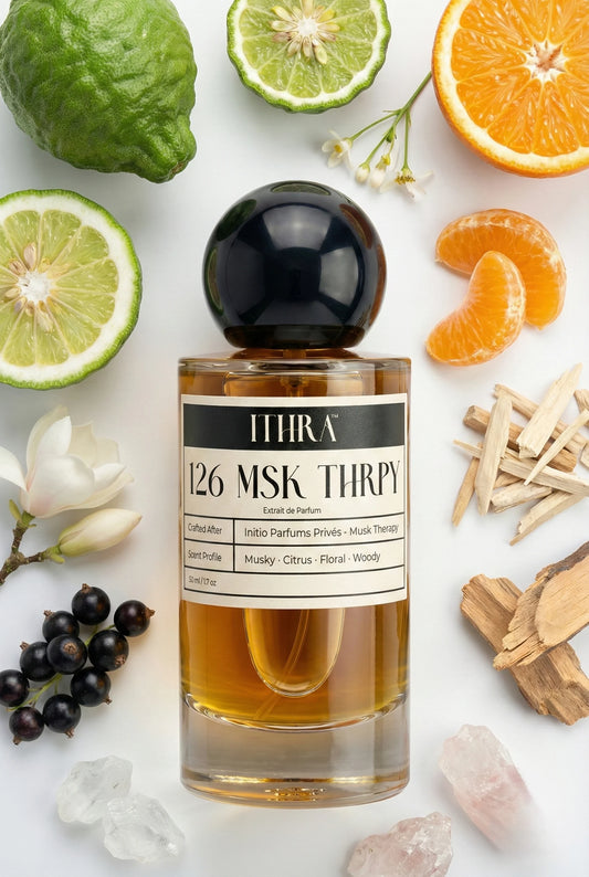 126 MSK THRPY perfume bottle styled with bergamot mandarin white magnolia blackcurrant white sandalwood white musk fragrance ingredients, airy, comforting, soft and alluring notes