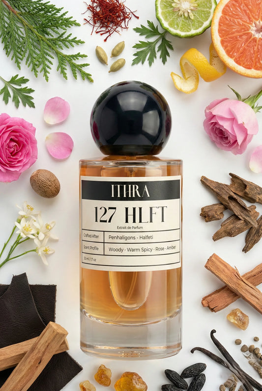 127 HLFT perfume bottle styled with saffron cardamom Bulgarian rose agarwood leather sandalwood amber tonka fragrance ingredients, rich, magnetic, deep and sensual notes