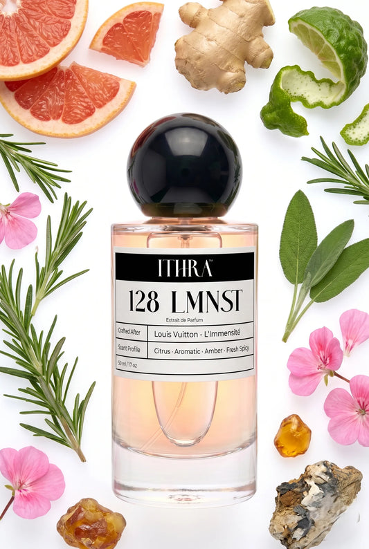 128 LMNST perfume bottle styled with grapefruit, rosemary, sage and amber fragrance ingredients, grounding, fresh and radiant notes 