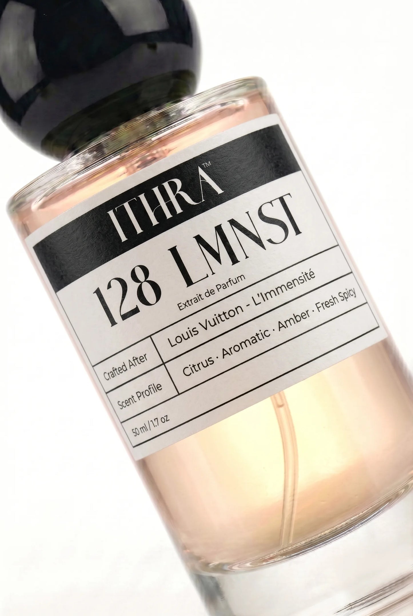 Close-up of 128 LMNST perfume label by Ithra Perfumes, citrus aromatic amber fresh spicy, available in 50ml and 100ml