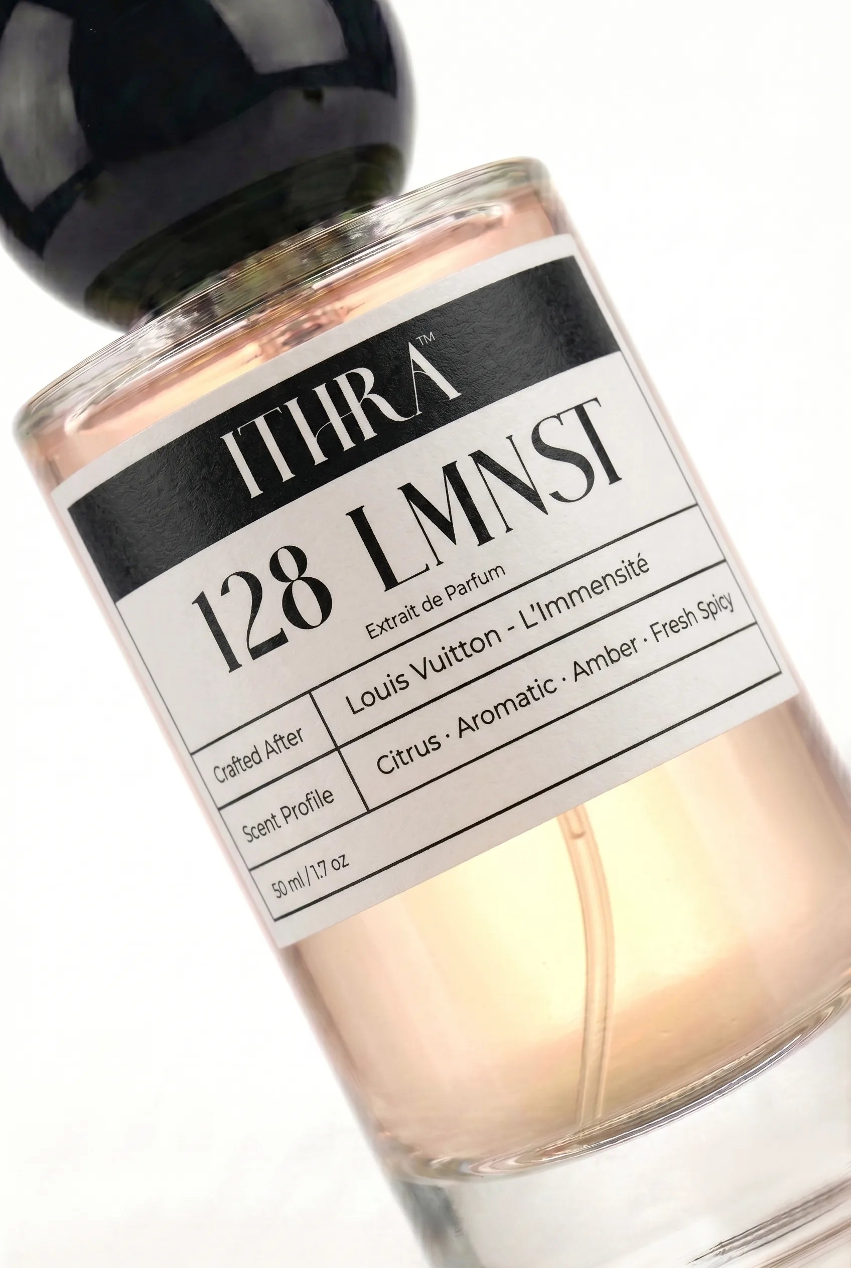 Close-up of 128 LMNST perfume label by Ithra Perfumes, citrus aromatic amber fresh spicy, available in 50ml and 100ml