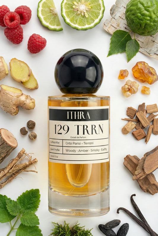 129 TRRN perfume bottle styled with raspberry ginger bergamot birch benzoin guaiac wood vetiver patchouli moss fragrance ingredients, dark, elemental, earthy and refined notes
