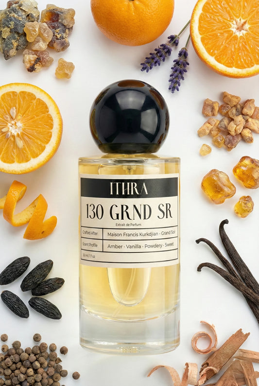 130 GRND SR perfume bottle styled with Spanish labdanum orange lavender Siam benzoin amber vanilla tonka cedar fragrance ingredients, golden, enveloping, deep and sensual notes