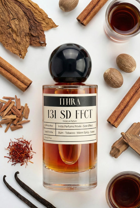 131 SD FFCT perfume bottle styled with rum saffron cinnamon tobacco sandalwood fragrance ingredients, fiery, intoxicating, deep and sensual notes