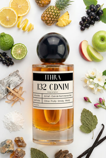 132 CDNIM perfume bottle styled with lemon, pineapple, birch and musk fragrance ingredients, vivid, textured, deep and sensual notes