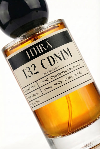 Close-up of 132 CDNIM perfume by Ithra, citrus fruity smoky woody, available in 50ml and 100ml