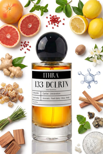 133 DCLRTN perfume bottle styled with bergamot, cardamom, vetiver and oakmoss fragrance ingredients, herbal, grounding, earthy and refined notes