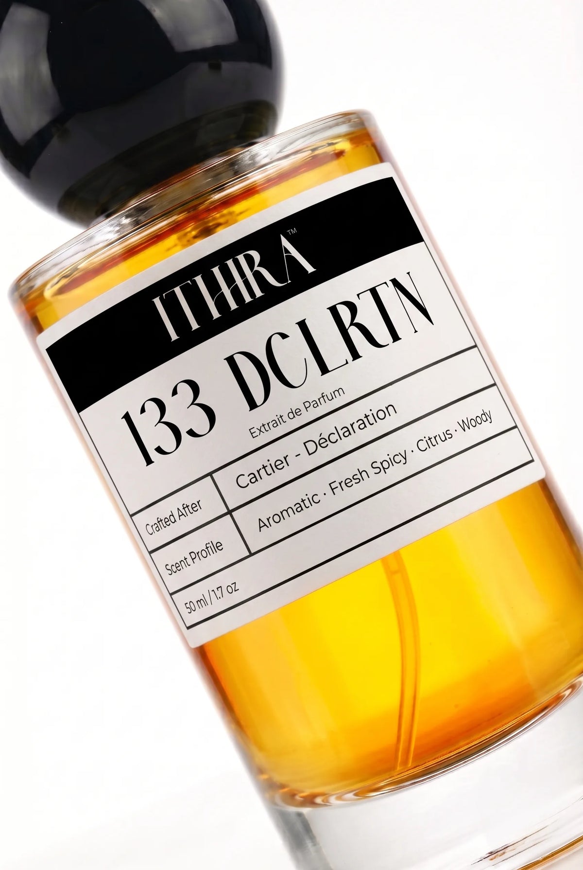 Close-up of 133 DCLRTN perfume by Ithra, aromatic citrus fresh spicy woody, available in 50ml and 100ml
