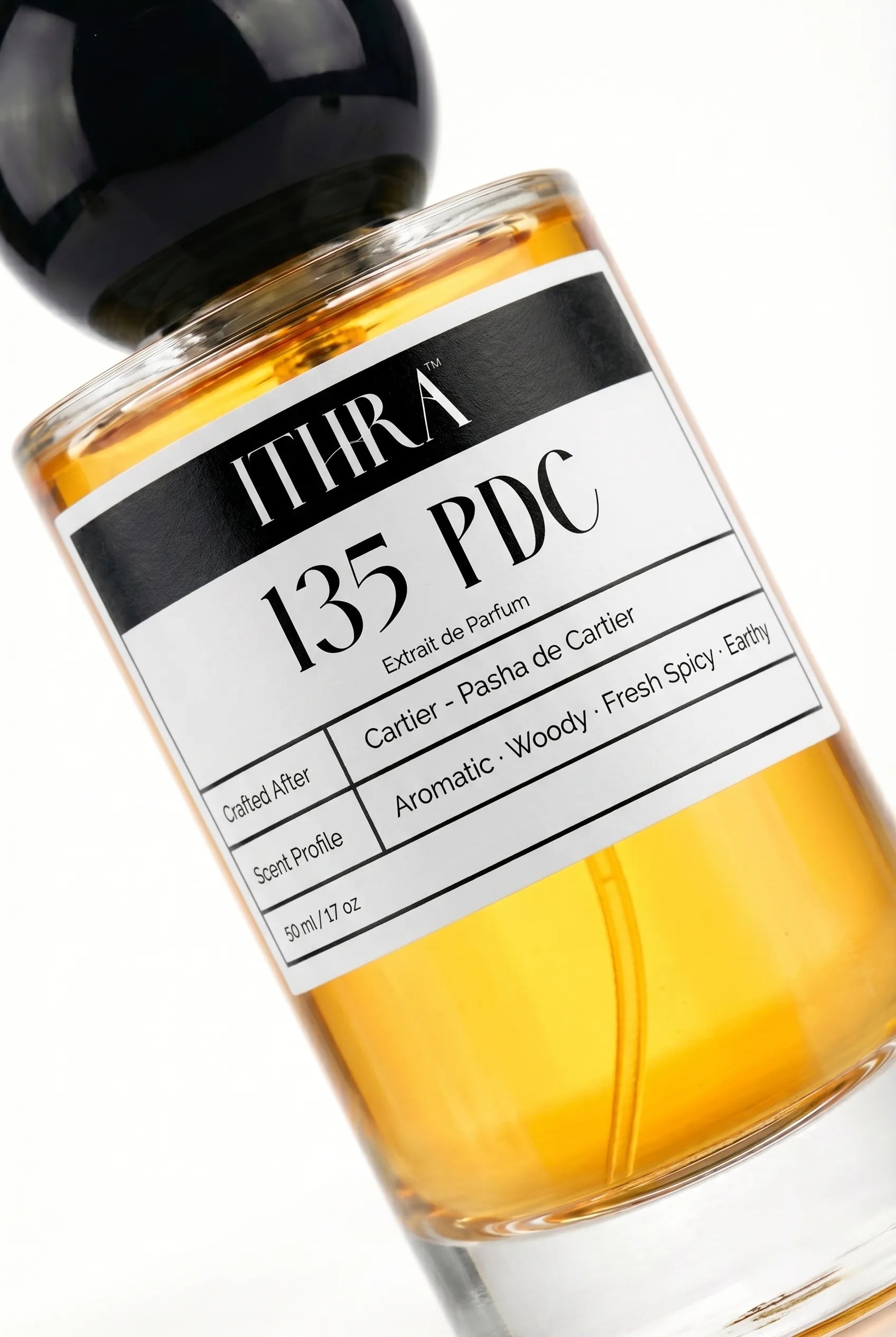 Close-up of 135 PDC by Ithra Perfumes, aromatic earthy fresh spicy woody, available in 50ml and 100ml