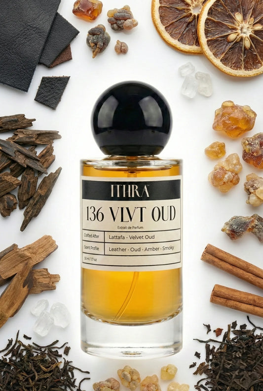 136 VLVT OUD perfume bottle styled with leather agarwood incense amber cinnamon musk fragrance ingredients, textured, mysterious, deep and sensual notes