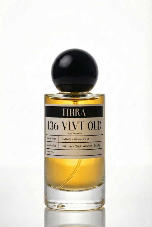 136 VLVT OUD velvety leather oud amber smoky unisex perfume by Ithra, dark and commanding