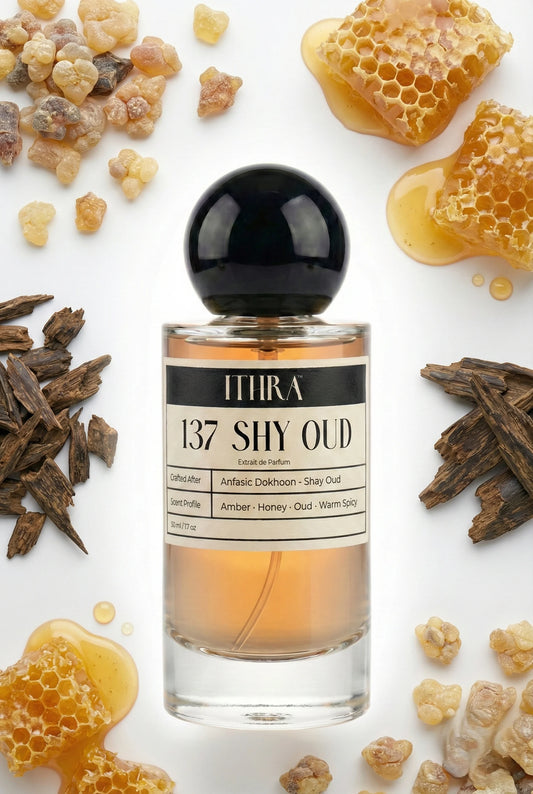 137 SHY OUD perfume bottle styled with olibanum honey agarwood fragrance note ingredients, resinous, sacred, deep and sensual notes