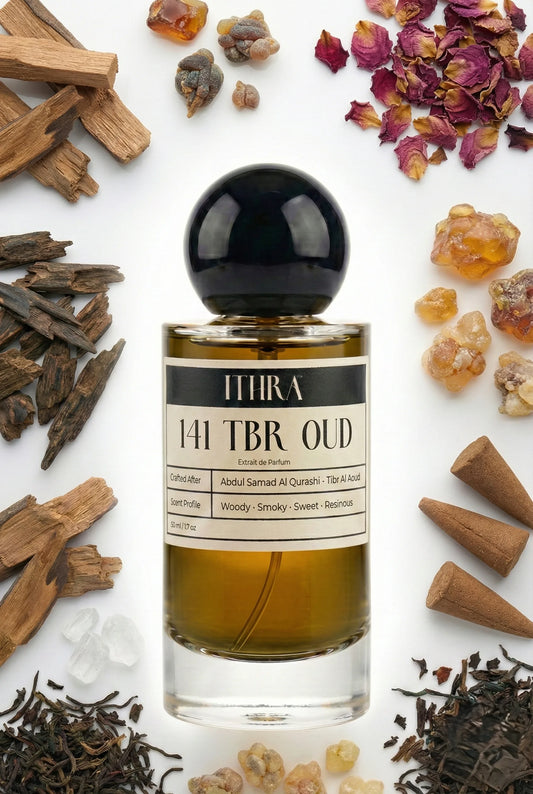141 TBR OUD perfume bottle styled with amber rose incense sandalwood agarwood musk fragrance ingredients, warm, sacred, deep and sensual notes