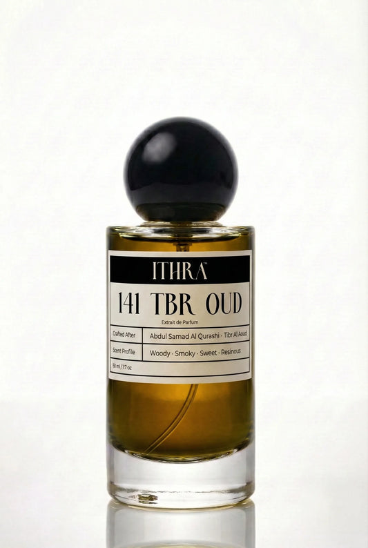 141 TBR OUD dark resinous smoky oud woody unisex perfume by Ithra, golden and meditative