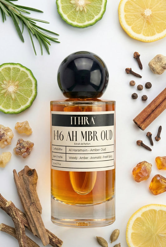 146 AH MBR OUD perfume bottle styled with rosemary cedar bergamot lemon guaiac wood amber musk fragrance note ingredients, bright, grounding, deep and sensual notes