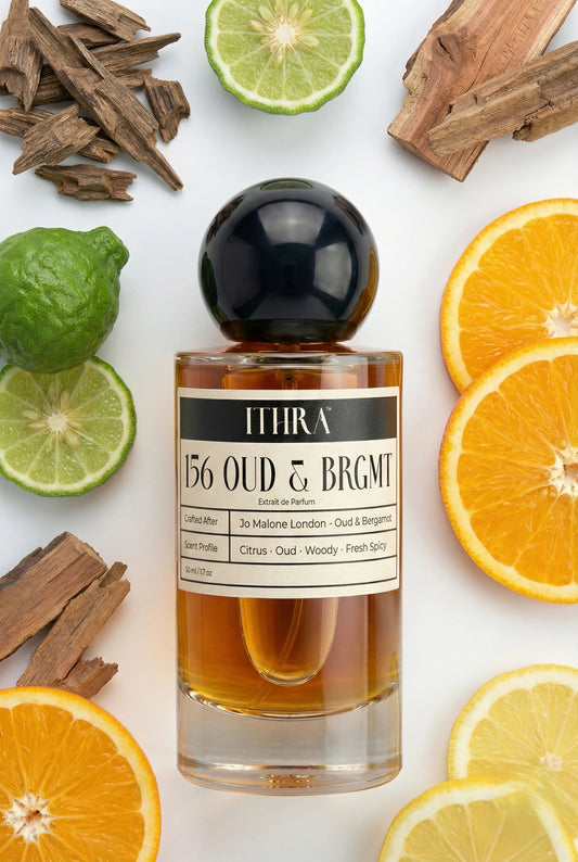 156 OUD BRGMT perfume bottle styled with bergamot Amalfi lemon agarwood Virginia cedar orange fragrance note ingredients, crisp, airy, earthy and refined notes