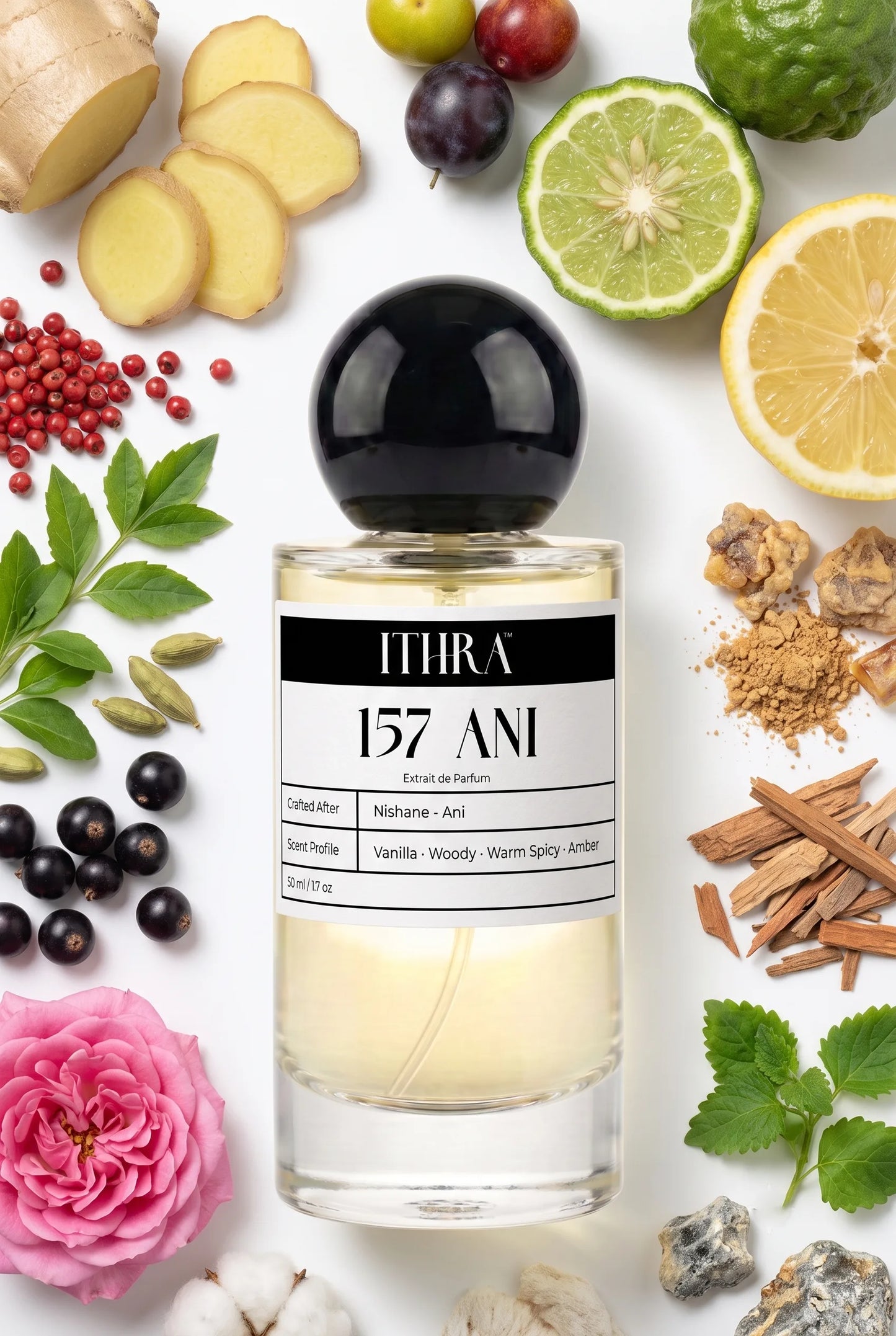 157 ANI perfume bottle styled with ginger, Turkish rose, sandalwood and ambergris fragrance ingredients, warm, resinous, soft and alluring notes