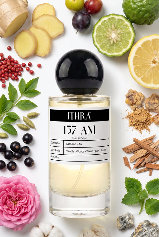 157 ANI perfume bottle styled with ginger, Turkish rose, sandalwood and ambergris fragrance ingredients, warm, resinous, soft and alluring notes