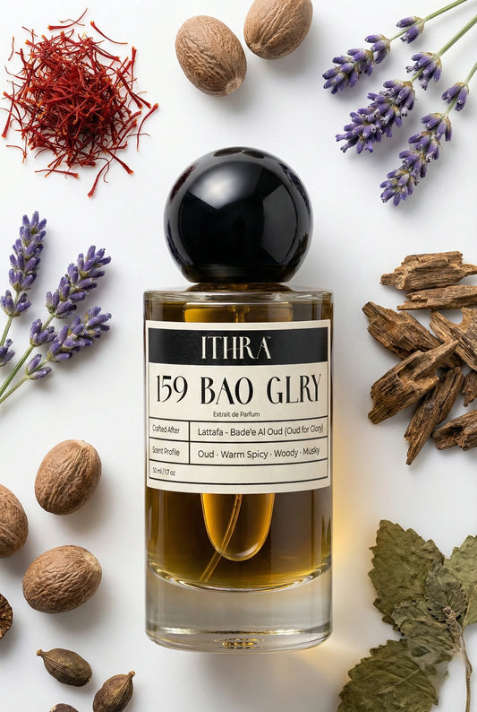 159 BAO GLRY perfume bottle styled with saffron nutmeg lavender agarwood patchouli musk fragrance note ingredients, rich, grounding, deep and sensual notes