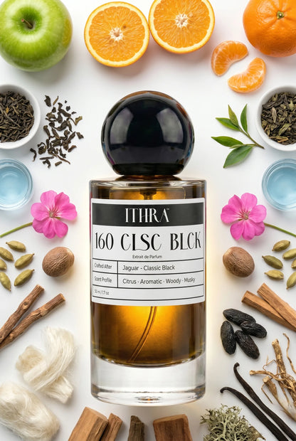 160 CLSC BLCK perfume bottle styled with apple, cardamom, vetiver and sandalwood fragrance ingredients, crisp, grounding, earthy and refined notes