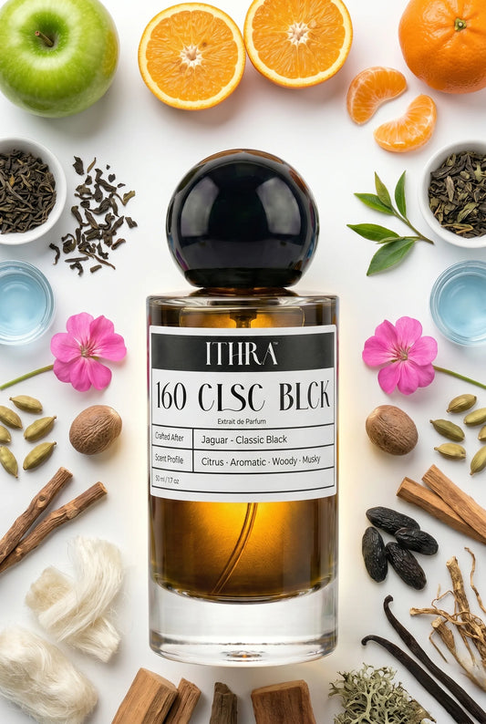 160 CLSC BLCK perfume bottle styled with apple, cardamom, vetiver and sandalwood fragrance ingredients, crisp, grounding, earthy and refined notes