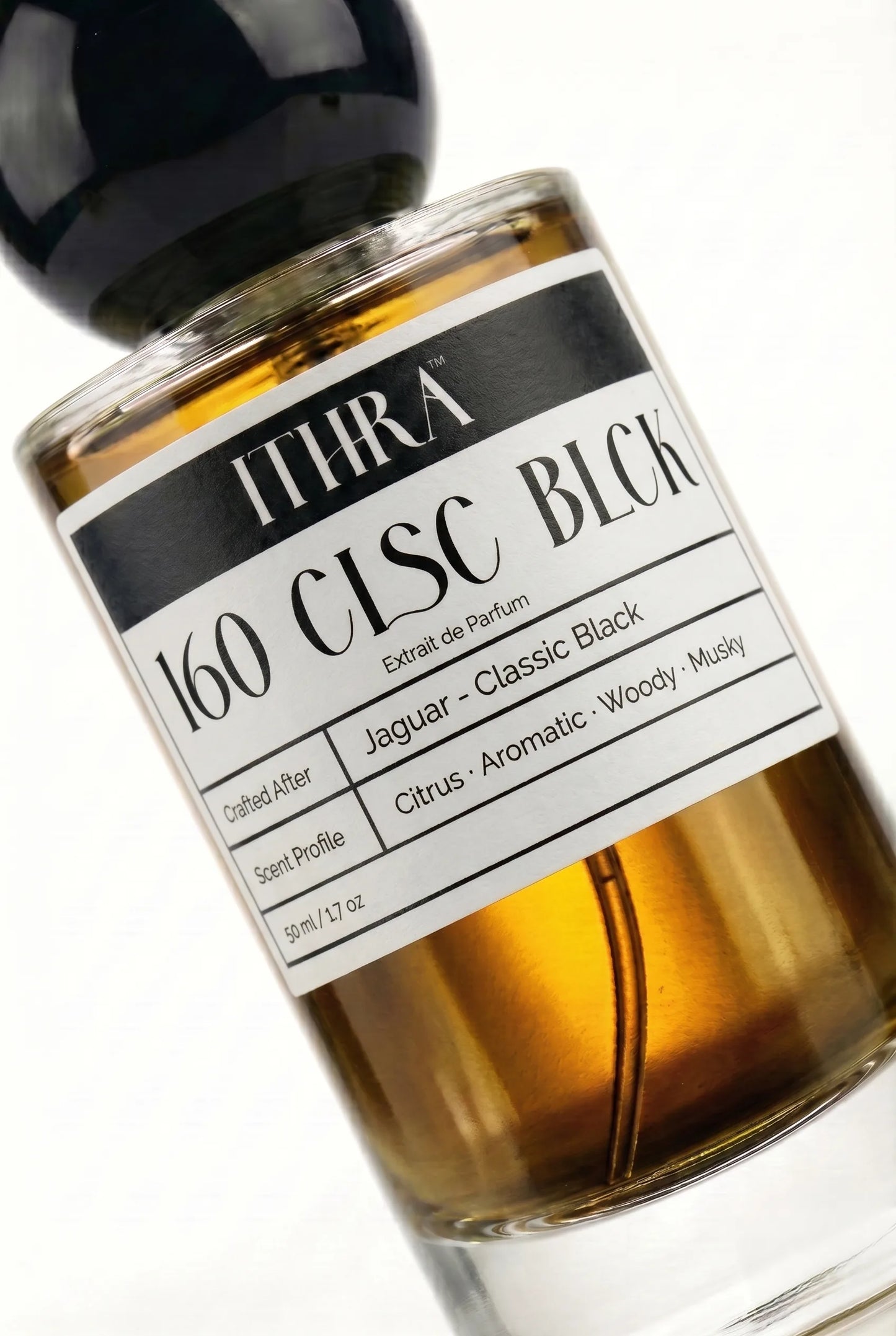 Close-up of 160 CLSC BLCK by Ithra Perfumes, citrus aromatic woody musky, available in 50ml and 100ml.