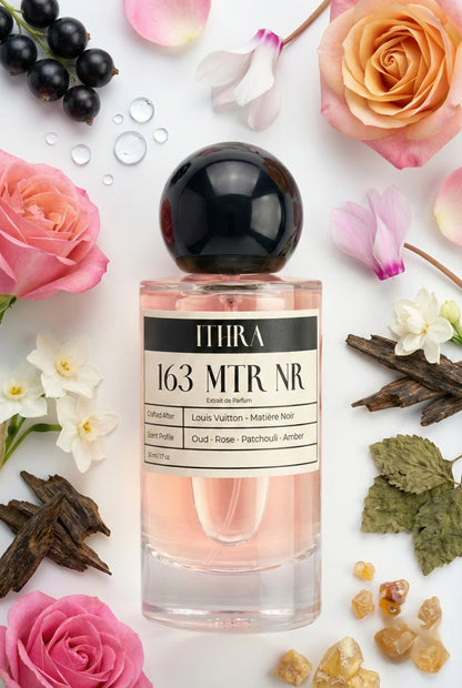 163 MTR NR perfume bottle styled with blackcurrant rose cyclamen narcissus jasmine sambac agarwood patchouli benzoin fragrance note ingredients, intimate, deep and sensual notes