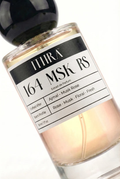Close-up of 164 MSK RS by Ithra Perfumes, fresh rose floral musky, available in 50ml and 100ml