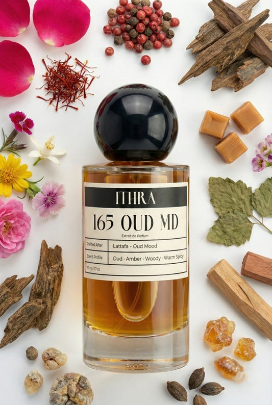 165 OUD MD perfume bottle styled with rose saffron agarwood caramel patchouli amber incense musk fragrance ingredients, golden, deep and sensual notes