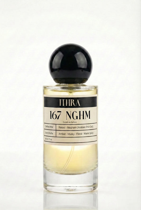 167 NGHM floral amber musky warm spicy unisex perfume by Ithra, radiant and inviting