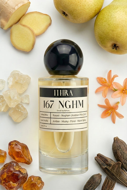 167 NGHM perfume bottle styled with ginger pear orange blossom ambroxan amber musk fragrance ingredients, luminous, soft and alluring notes
