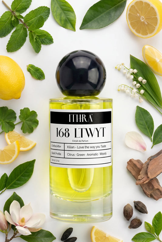 168 LTWYT perfume bottle styled with mint, lemon, magnolia and vetiver fragrance ingredients, airy, fresh and radiant notes