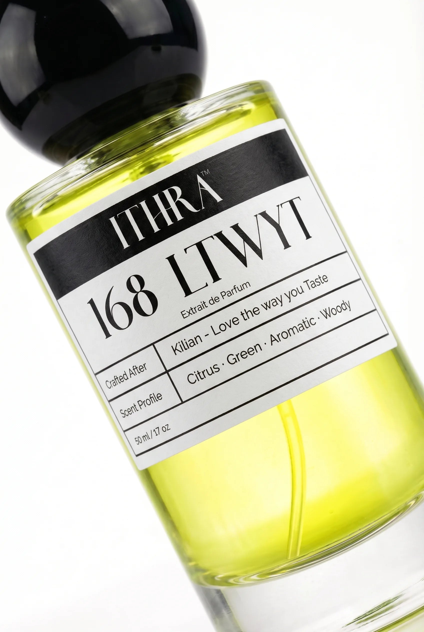 Close-up of 168 LTWYT perfume by Ithra, citrus green aromatic woody, available in 50ml and 100ml