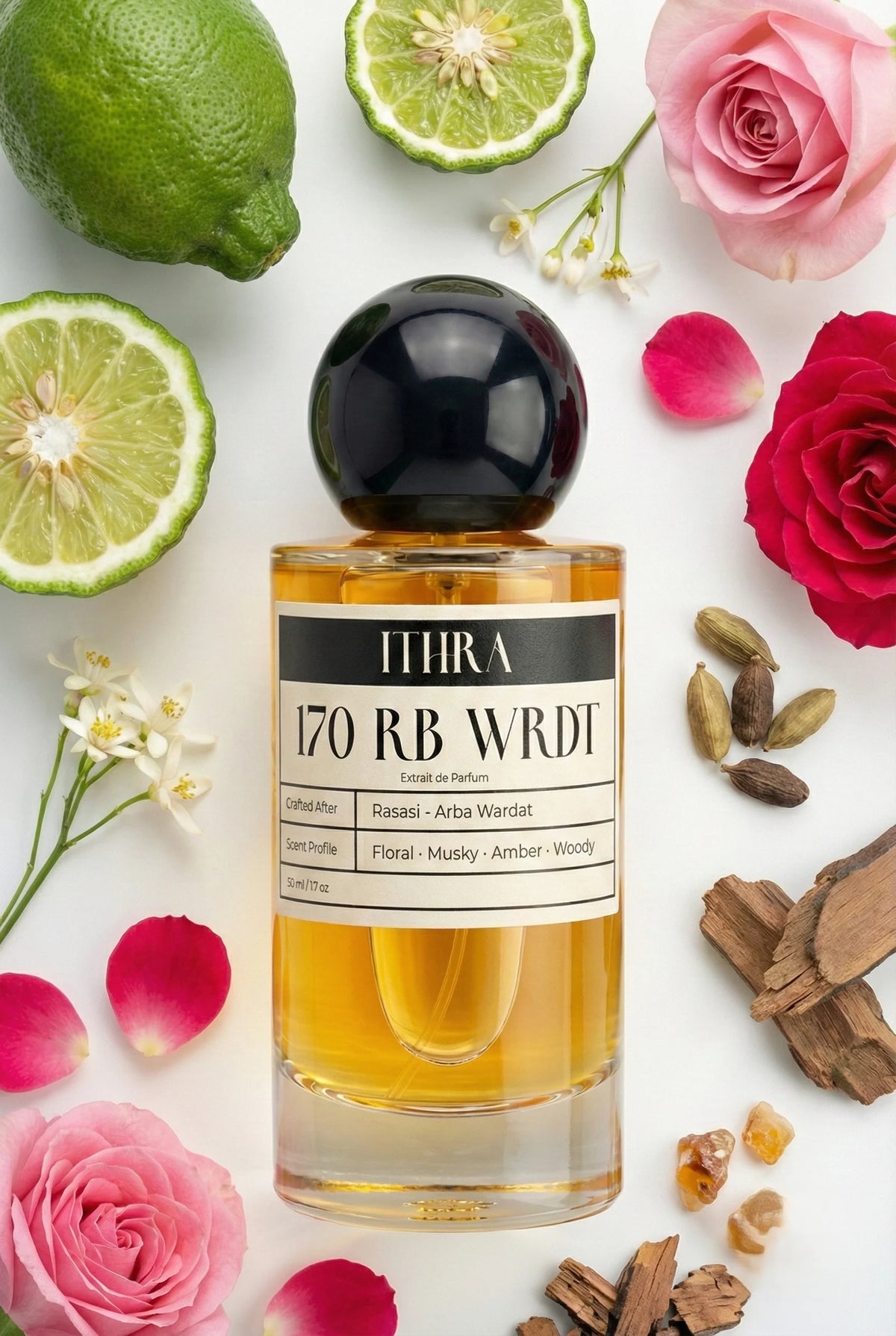170 RB WRDT perfume bottle styled with bergamot jasmine rose musk sandalwood amber fragrance note ingredients, delicate, warm, soft and alluring notes